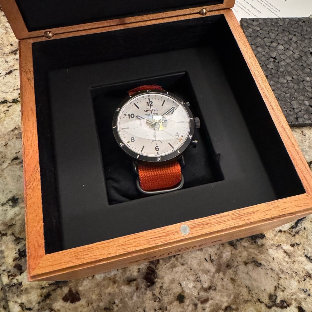 Shinola Chronograph Black Case Watch with White Dial and Orange Strap - Picture 2 of 4